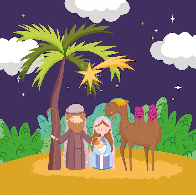 Joseph mary baby jesus and camel night desert manger nativity, merry christmas Premium Vector