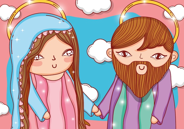 Joseph and mary together with nice clouds Premium Vector