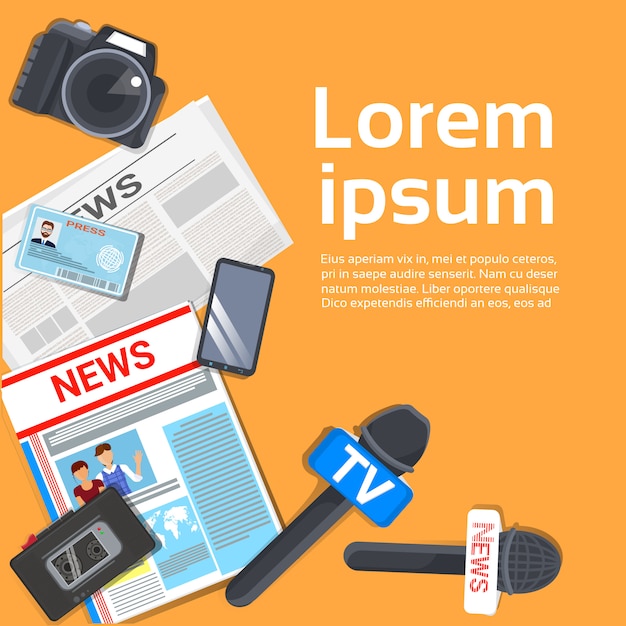 Journalist workplace concept top view of newspaper, microphone, tape recorder Premium Vector