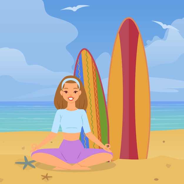 ヨガのビーチ 休暇の海 カラフルな自然 黄色 熱い砂 漫画イラストをやってうれしそうな女の子 プレミアムベクター