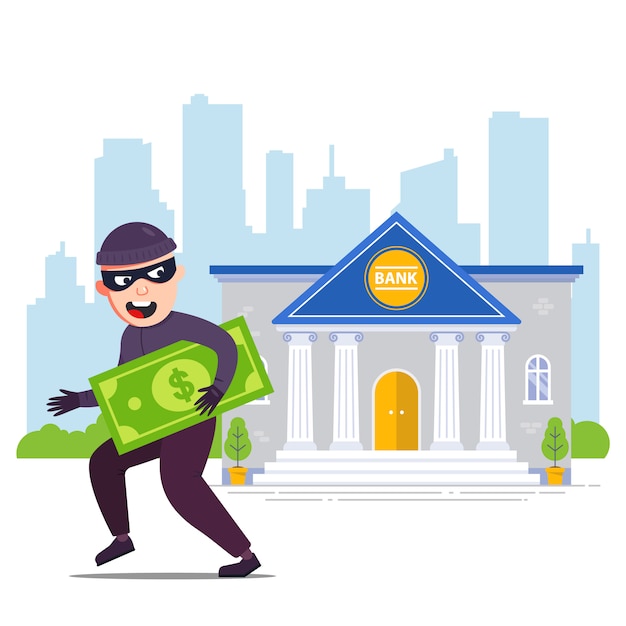 お金を持ったうれしそうな強盗が銀行から逃げ出します フラットキャライラスト プレミアムベクター