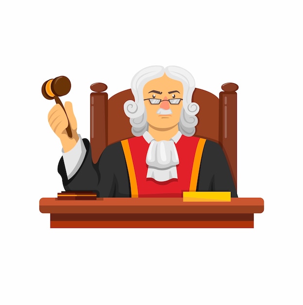 Premium Vector | Judge law character sitting in desk with hammer