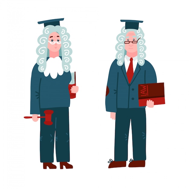 Judge in a wig - man and woman. character set with books and hammer for