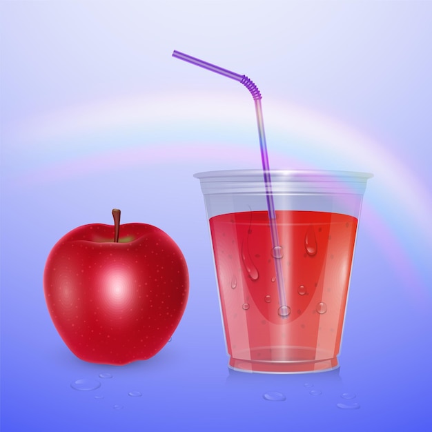 ジュース スムージーカップ 3dイラスト リンゴジュースとリアルなプラスチックカップ プレミアムベクター
