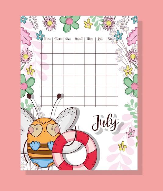 July calendar with cute bee animal Premium Vector
