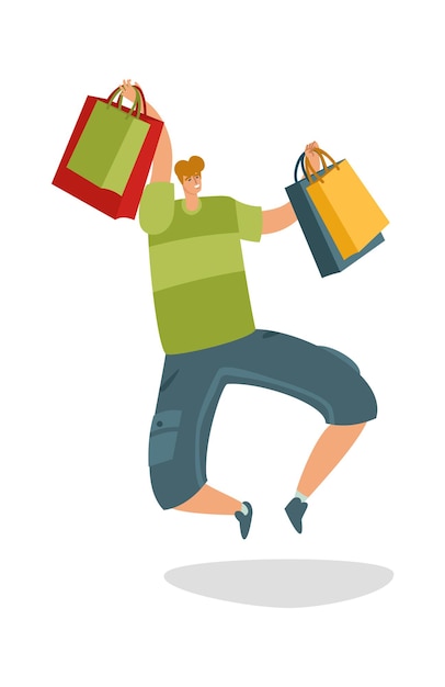 Premium Vector | Jumping customer with shopping bags. shopaholic male ...