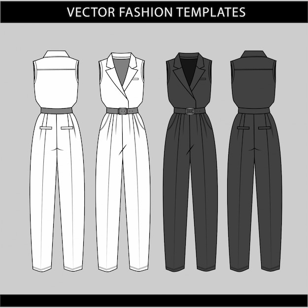 Premium Vector | Jumpsuit fashion flat sketch template, front and back ...
