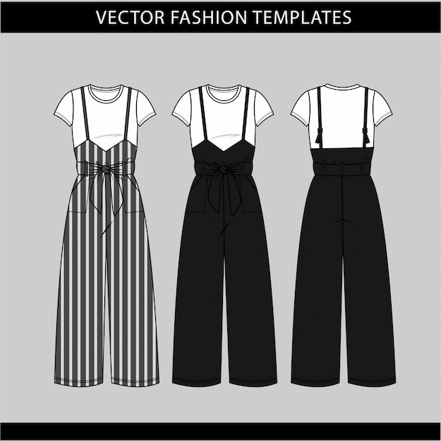 Premium Vector | Jumpsuit fashion flat sketch template, front and back ...