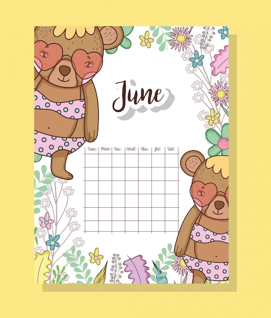 Premium Vector June calendar with cute bears animal