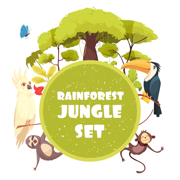 木や熱帯雨林とエキゾチックな動物漫画イラストの植物で装飾的なジャングル 無料のベクター