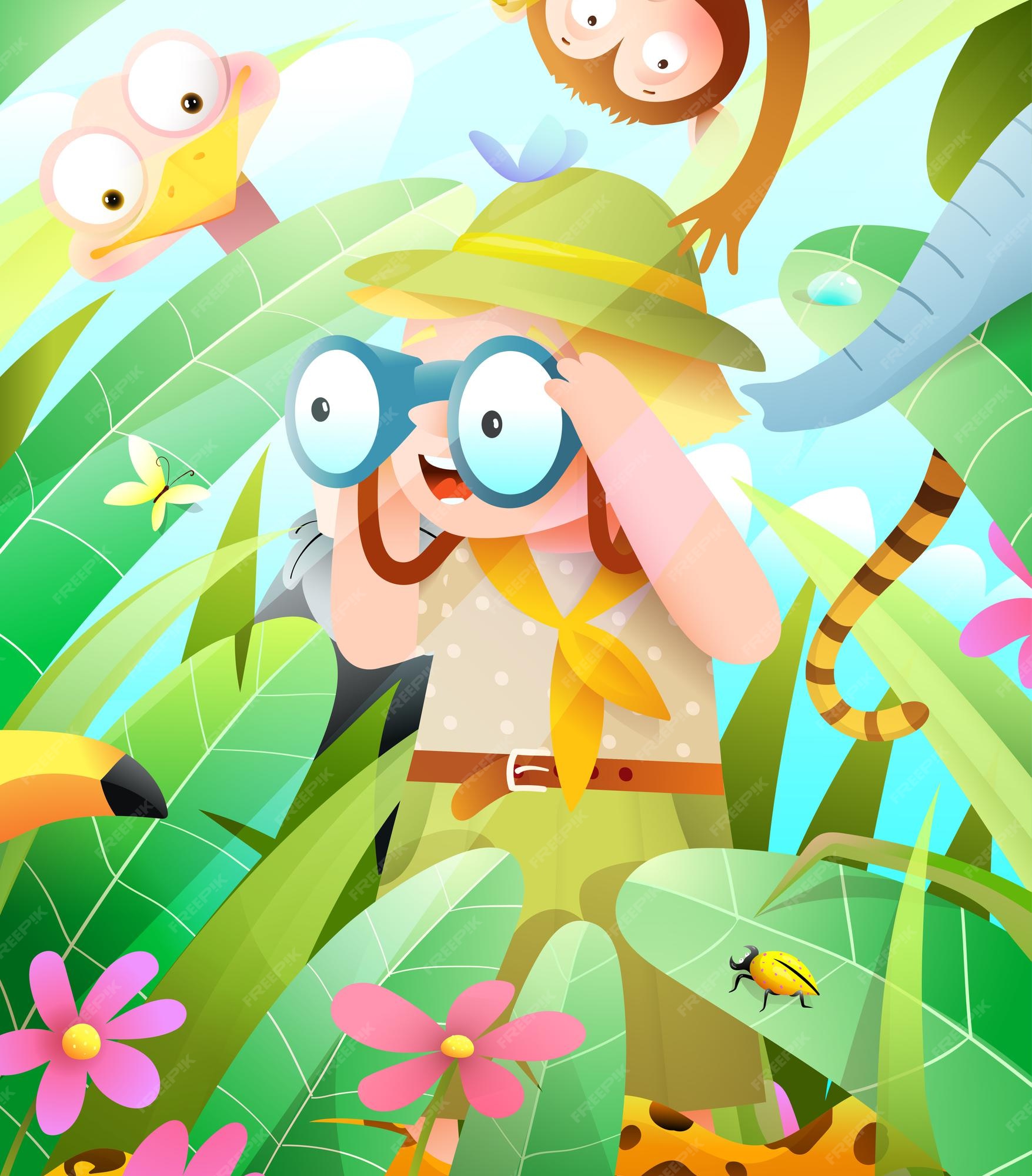 Premium Vector | Jungle safari adventure scout kid looking into ...