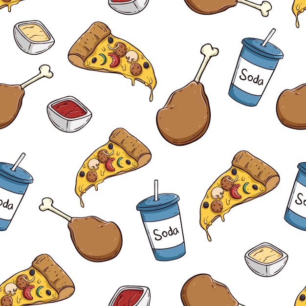 Junk food seamless pattern with pizza soda and chicken leg Premium Vector