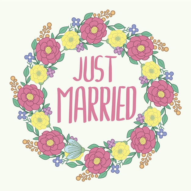 Just married background with floral wreath | Free Vector