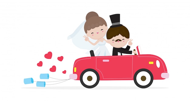 結婚式の車でちょうど結婚されていたカップル 結婚式の後 車のロードトリップに新郎新婦漫画白い背景イラストに分離された結婚したキャラクターデザイン プレミアムベクター