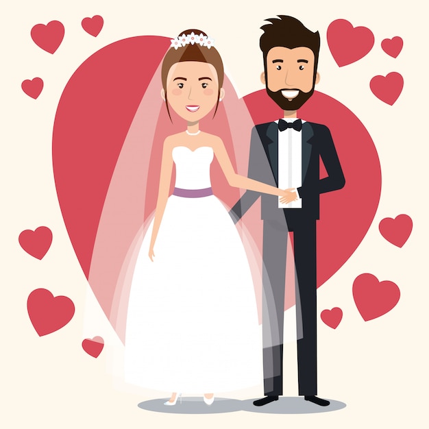 Free Vector | Just married couple with hearts avatars characters