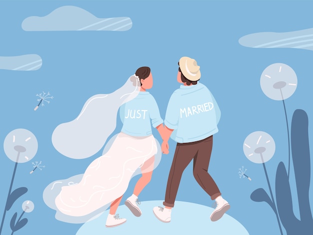 結婚したばかりの幸せなカップルのフラットカラーイラスト プレミアムベクター