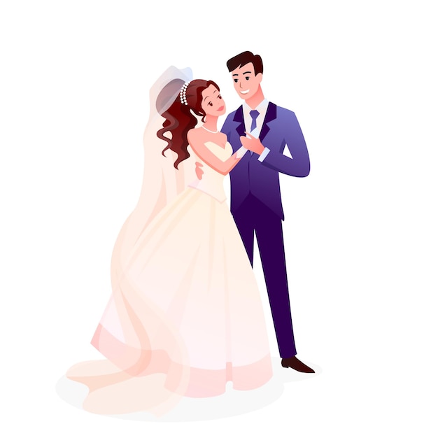 ちょうど結婚した幸せな男性と女性のキャラクターが一緒に立って 結婚式でかわいいロマンチックな新郎新婦 プレミアムベクター