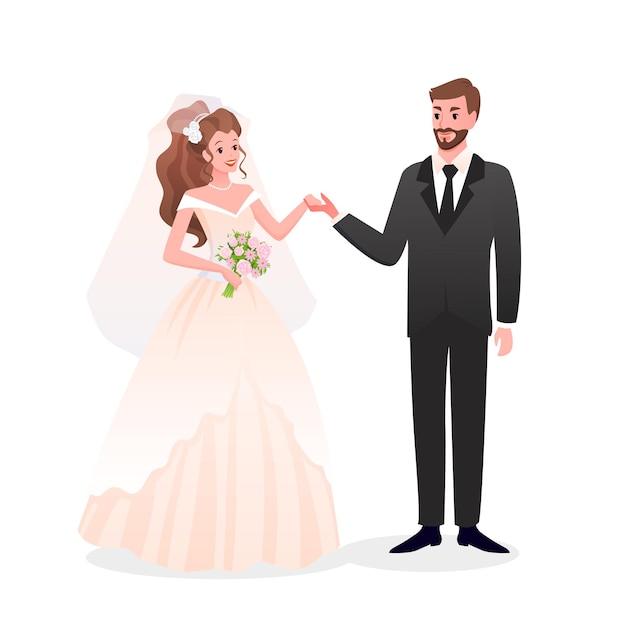 一緒に立っている幸せな男性と女性のキャラクターと結婚したばかり 結婚式の日のパーティーのお祝い プレミアムベクター