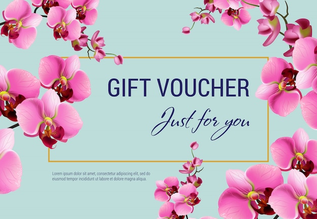 Free Vector Just For You Gift Certificate With Pink Flowers And Frame On Light Blue Background