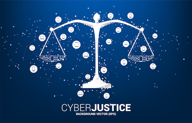 Justice scale with dot and line connection and mobile device icon. Premium Vector