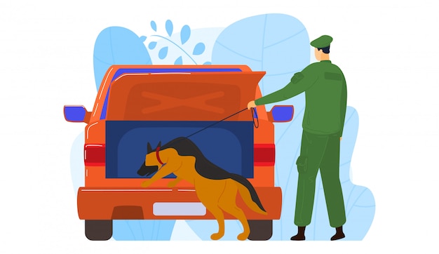 K9民兵犬の役員 白 漫画イラストで隔離される犯罪車両の証拠を探している男性キャラクターの警官 プレミアムベクター