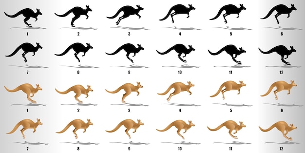 Kangaroo run cycle animation frames loop animation sequence sprite sheet Premium Vector