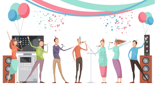 Free Vector | Karaoke party concept with group of friends singing flat  vector illustration