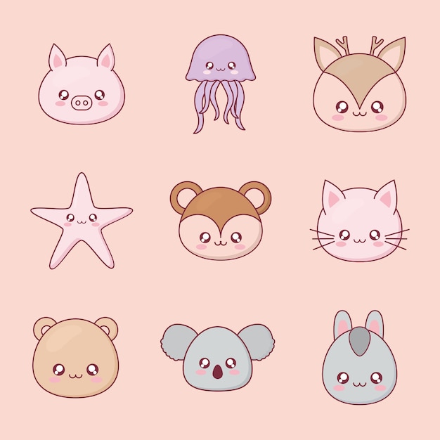 Premium Vector | Kawaii animal cartoon set icons design, expression