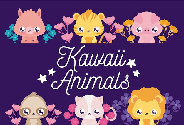 Premium Vector | Kawaii animals cartoons and flowers