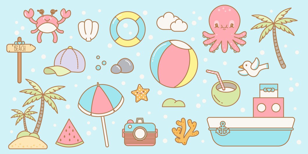 Premium Vector | Kawaii beach elements set