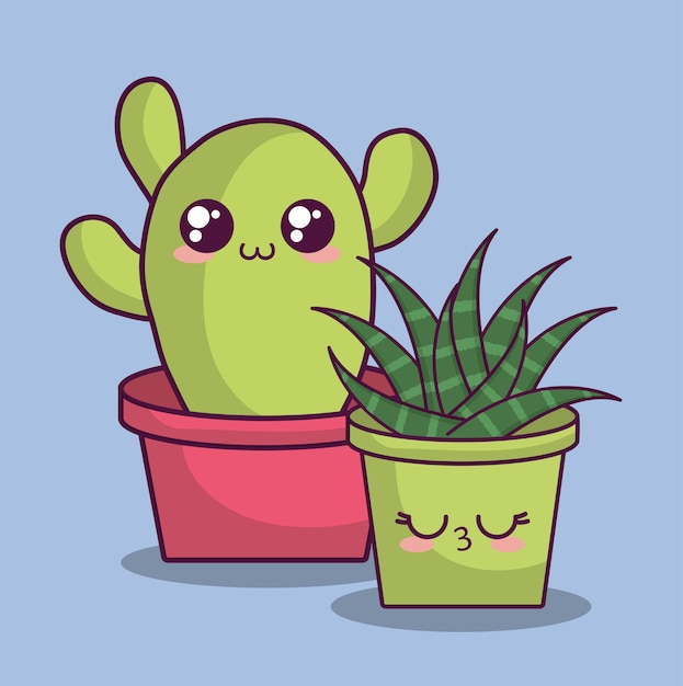 Premium Vector Kawaii Cactus In A Pot Icon Over Purple Background