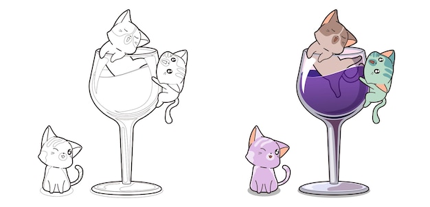 Premium Vector Kawaii Cat Characters And Wine Coloring Page For Kids