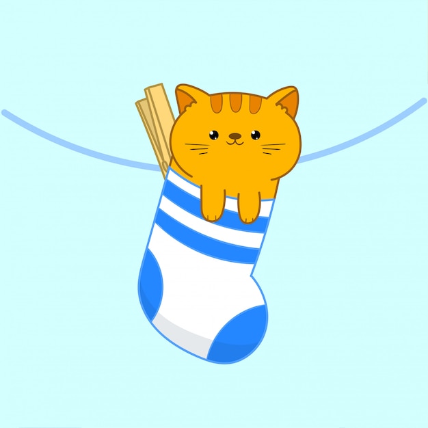 Premium Vector | Kawaii cat in sock hanging on a clothesline. illustration