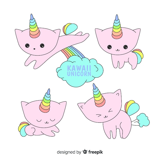 Kawaii cat unicorn character collection | Free Vector