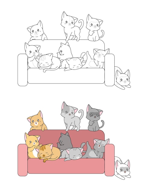 Premium Vector Kawaii Cats On Sofa Cartoon Coloring Page For Kids