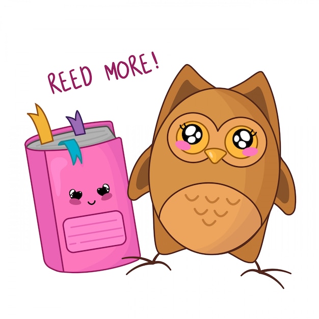  Kawaii  cute cartoon owl  with pink notebook back to school 