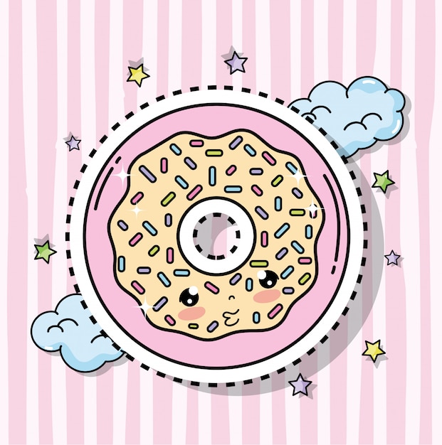 Premium Vector | Kawaii cute donut sticker with clouds and stars