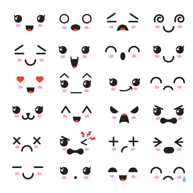 Premium Vector Kawaii Cute Faces Manga Style Eyes And Mouths Funny Cartoon Japanese Emoticon In In Different Expressions