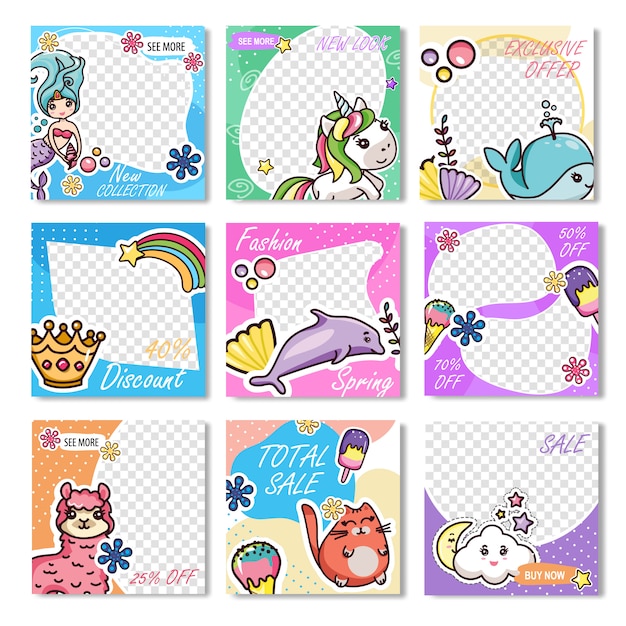 Набор kawaii design скидка продажа промо фоны Premium векторы