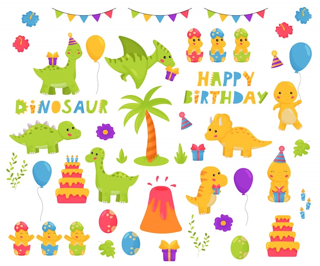 かわいい恐竜漫画のキャラクターセット 誕生日のテーマ お誕生日おめでとうレタリング 保育園の幼稚なイラスト プレミアムベクター