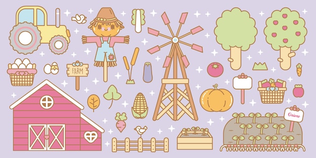 Premium Vector | Kawaii farm set