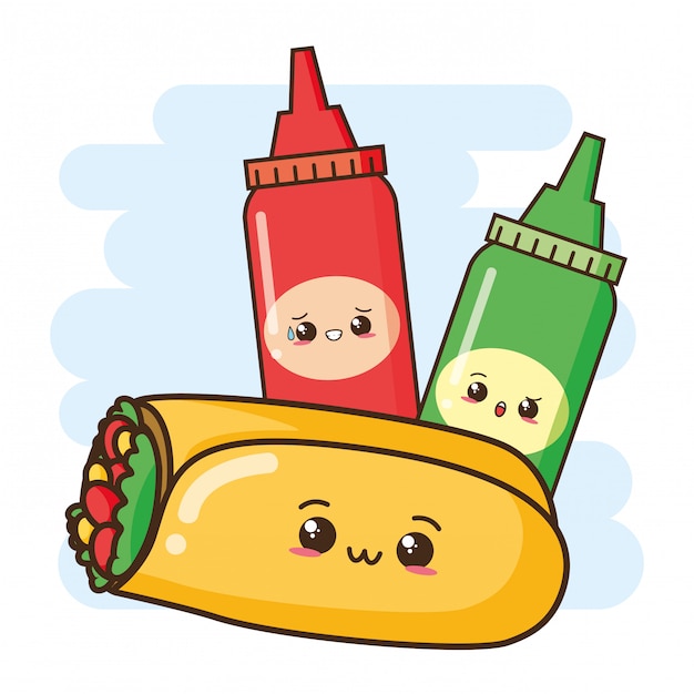 Free Vector Kawaii fast food cute burrito and sauces illustration