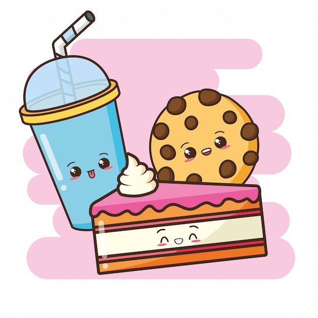 かわいいファーストフードかわいいケーキクッキーとドリンクのイラスト 無料のベクター