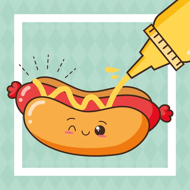 Free Vector | Kawaii fast food cute hot dog with mustard illustration