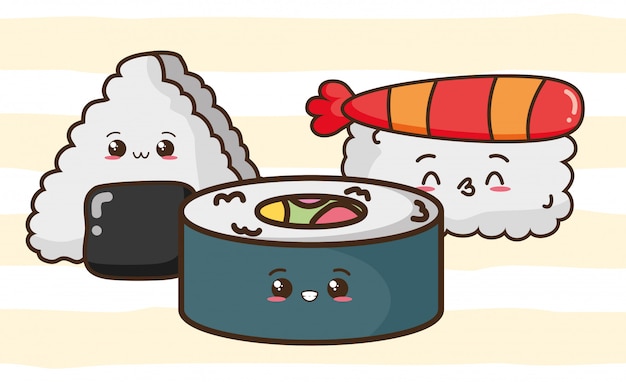 Free Vector | Kawaii fast food cute sushi, asian food illustration