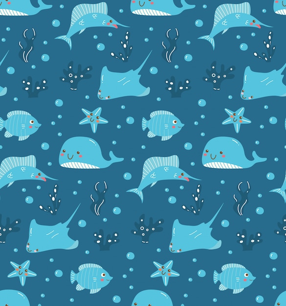 Premium Vector | Kawaii fishes on deep sea water seamless pattern