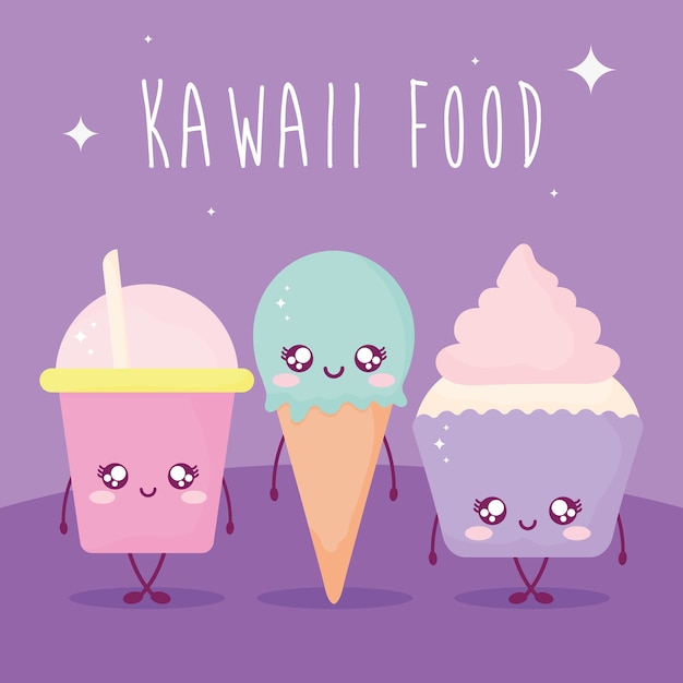 紫色のイラストデザインのカワイイ食べ物のレタリングとかわいい食べ物のセット プレミアムベクター