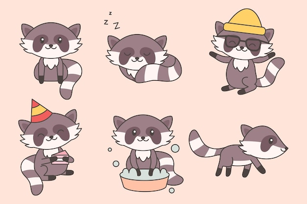 カワイイファニーアライグマコレクション 赤ちゃん 保育園 キッズデザインのかわいいアライグマの漫画の文字セット 幸せな動物の子供たち ベクトルイラスト プレミアムベクター