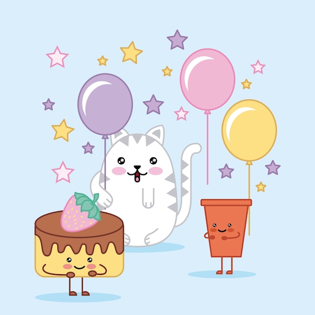 Premium Vector Kawaii Happy Birthday Cat Cake And Soda Cartoon