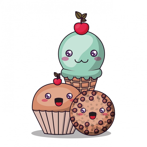 かわいいアイスクリームマフィンカップケーキとクッキーの漫画イラスト プレミアムベクター